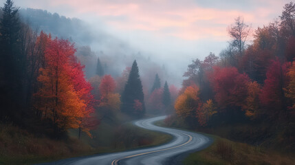 A winding road through misty autumn trees, showcasing vibrant foliage in hues of red and orange against a serene, cloudy backdrop.