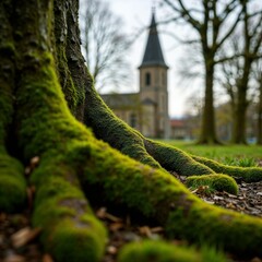 Moss Covered Roots with a Stone Church Spire