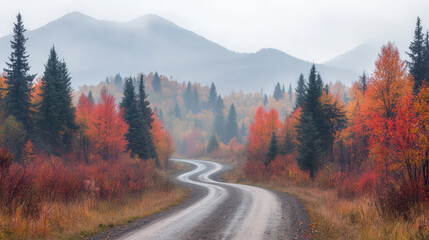 A winding gravel road meanders through a vibrant forest of autumn foliage and misty mountains in the background.