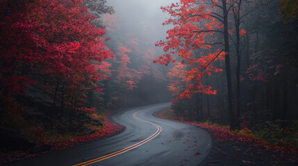 A winding road through a misty forest, adorned with vibrant red foliage, creating a serene and picturesque autumn landscape.