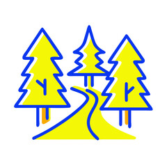 Fototapeta premium Yellow forest path icon winding through trees, nature exploration concept