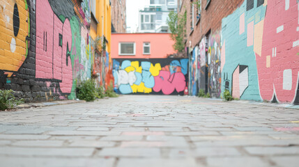 A vibrant alleyway adorned with colorful graffiti murals, showcasing urban art against a backdrop of brick walls and cobblestone pavement.