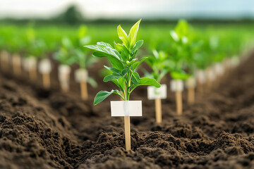 A crop field showcases rows of experimental genetically modified plants, with clear markers dividing various test areas. This innovative approach emphasizes agricultural research and development