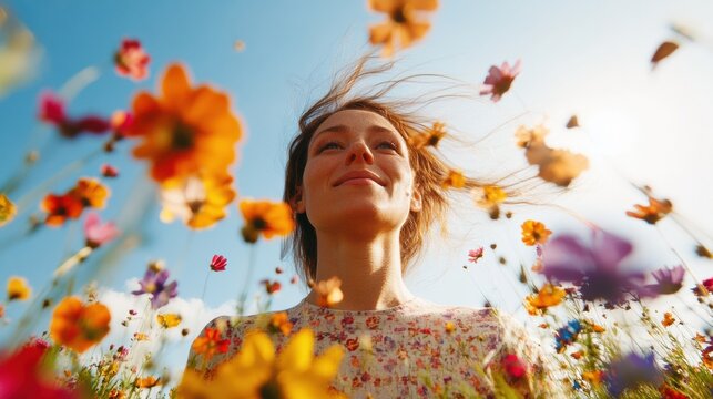 Radiant Midlife Wellness Dynamic Female Empowerment in Sun-Drenched Wildflower Meadow - Mindful Movement and Nature-Inspired Vitality for Gen X Lifestyle