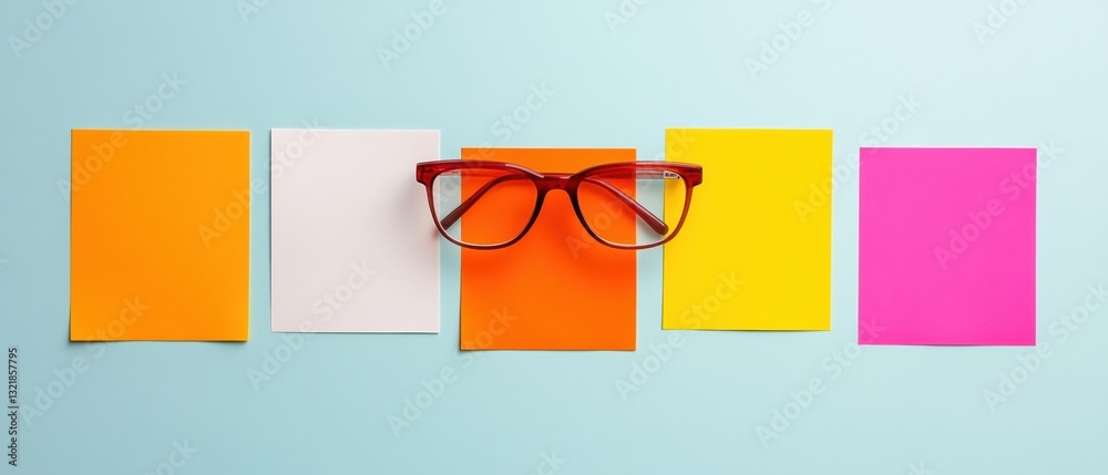 Aufkleber Minimalist Design Thinking Dynamic Creative Workflow with Bold Color-Coded Sticky Notes and Trendsetting Eyewear - Innovation Productivity Catalyst