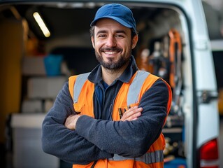 Confident tradesman with vehicle ready for efficient on-site service calls