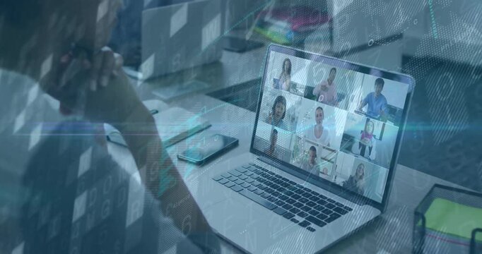 People participating in virtual meeting over digital network connections animation