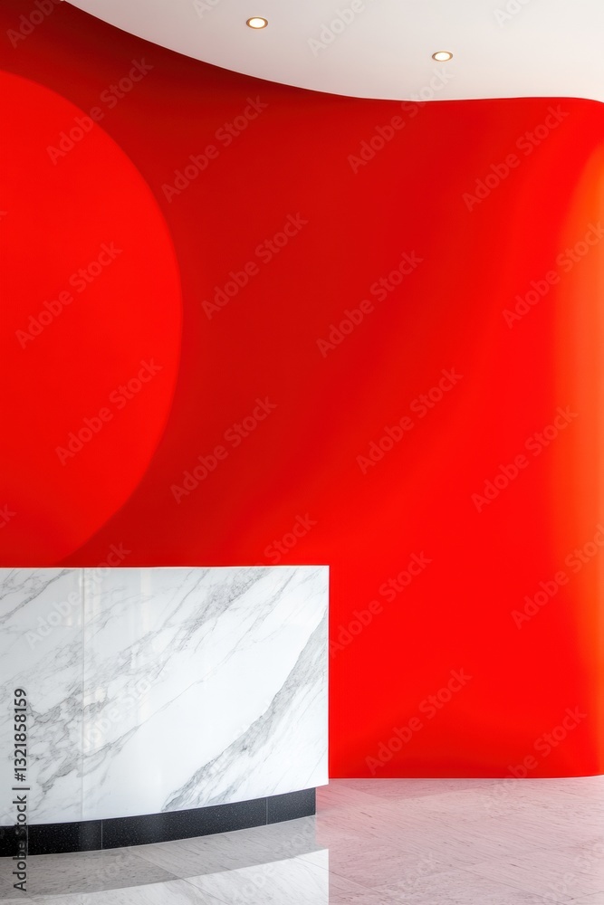 Poster bold minimalist corporate lobby vibrant red geometric design with marble reception - modern brand ex