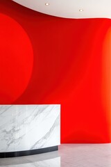 Bold Minimalist Corporate Lobby Vibrant Red Geometric Design with Marble Reception - Modern Brand Expression and Architectural Innovation for Contemporary Workspaces