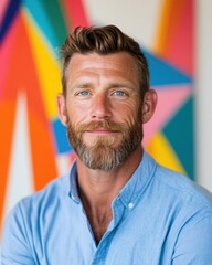 Fototapeta premium Vibrant Professional Confidence Millennial Creative Director in Soft Blue Button-Down Against Bold Geometric Background - Innovative Leadership and Modern Workplace Branding