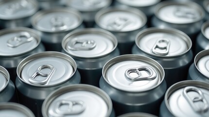 Obraz premium Clean metallic beverage cans arranged in rows