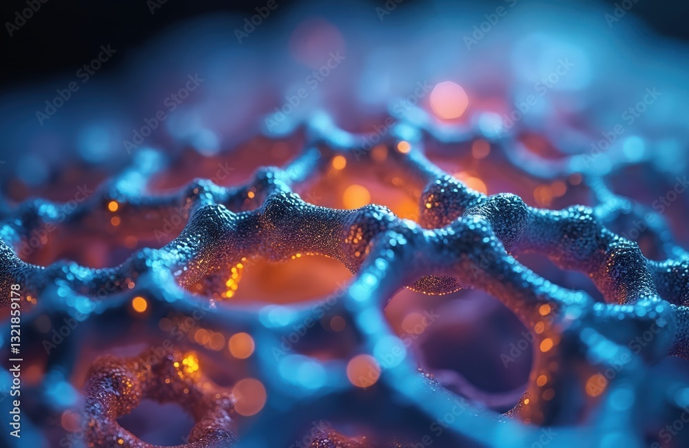 Poster abstract 3d structure in blue, orange, representing nanotech new materials. microscopic cellular lev