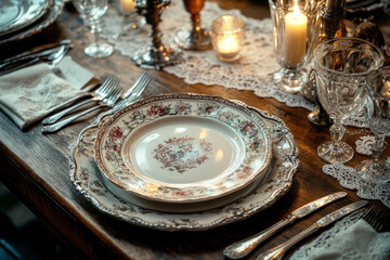 A vintage table setting with ornate china plates, silver cutlery, and crystal glassware, enhanced by soft golden candlelight and lace napkins, creating an elegant, timeless atmosphere