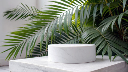 Fototapeta premium white stone podium placed on marble surface surrounded by lush green tropical leaves in bright, contemporary setting