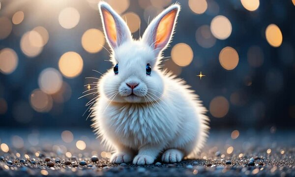 Adorable fluffy white rabbit with sparkling blue eyes sitting in a dreamy glowing atmosphere filled with magical bokeh lights. 