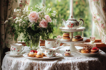 A charming vintage afternoon tea table setting with floral-patterned teacups, a porcelain teapot, tiered trays of pastries, and a lace tablecloth with fresh flowers as the centerpiece
