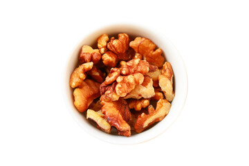 Peeled walnuts in a bowl isolated on a transparent background