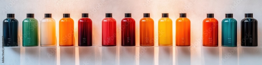 Poster minimalist color spectrum contemporary design bottles showcasing gradient chromatic arrangement - vi