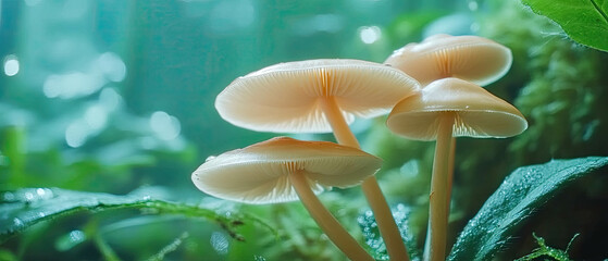 Soft Light Illuminates Honey Mushrooms Growing in a Lush Forest Environment. macro view 