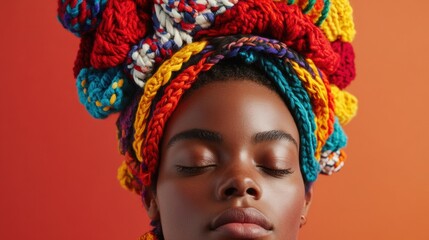 Obraz premium Vibrant Cultural Expression Empowered Gen Z Wellness Portrait with Afrocentric Knitted Headwear - Mindful Creativity and Authentic Self-Celebration in Bold Color Narrative