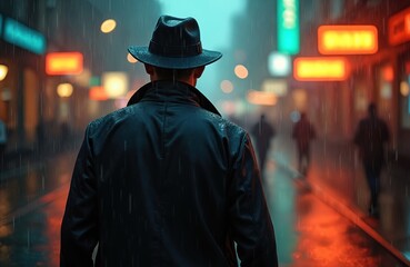 Man detective in black raincoat, hat walking on rainy street in a futuristic city at night. Neon lighting, cinematic style, dark mood. AI generated image. Mystery, investigation, noir themes.