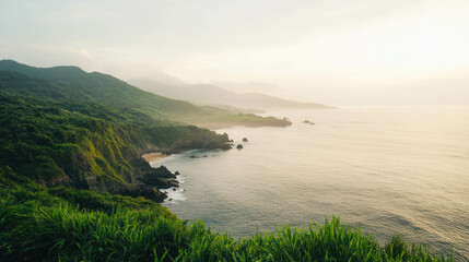 Greenery Embraces the Quiet Coast of a Deserted Island with Mountains Rainforest and Mountains. Paradise on Earth in Warm Golden Light