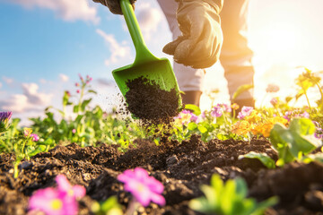 Gardener Enriches Soil With Dark Organic Fertilizer Using a Green Shovel in Crop Field farm garden