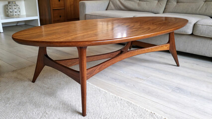 Mid-Century Modern Wooden Coffee Table with Angled Legs and Curved Cross-Brace