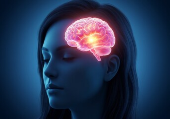 Obraz premium A woman with a glowing brain inside her head, symbolizing intelligence and thought.