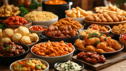 A table laden with a variety of delicious-looking food, perfect for a party or gathering.