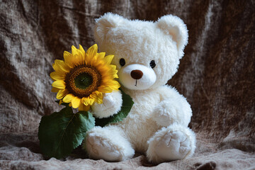Obraz premium a teddy bear holding a sunflower on a blanket