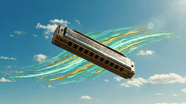 A harmonica floats in a bright sky, capturing the essence of music and freedom.