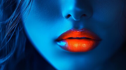 Fototapeta premium A Striking Contrast: Neon Lips in a Monochrome Cyan World