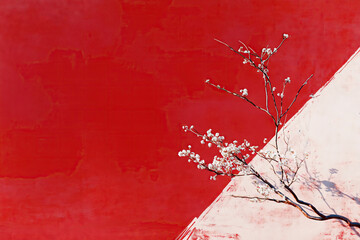 Spring sakura, cherry blossom Branches With Fresh Buds and Leaves Against a Vibrant Dark Red Backdrop in High Detail