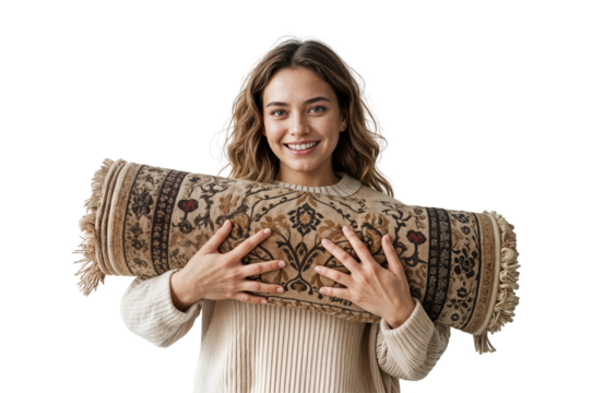 The woman is smiling while holding a rolled-up decorative rug. She appears to be presenting or showcasing the rug, possibly for promotional or sales purposes