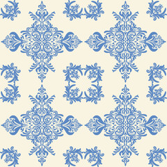 Seamless Damask Ikat floral pattern with elegant blue elements. A sophisticated blend of classic Damask and Ikat motifs, for wallpaper, fabric prints, textiles, home decor, upholstery, and  interior.