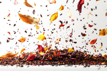 Dried Tea Leaves of Various Types Scattered in Mid Air	
  a Crisp White Background
