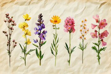 A botanical Herbarium illustration featuring Common Heather, Cowslip, Oxeye Daisy, Wild Thyme, Fireweed and Lupine, isolated on an old paper background with soft pastel muted colors, evoking a natural