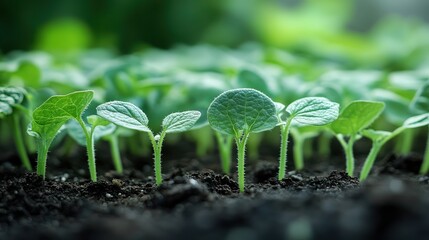  Cucumber sprouts with vibrant, rounded leaves, tiny plants just beginning to grow, with thick, rounded cotyledons standing strong in a neat garden row under soft sunlight.