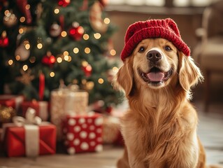 Festive Golden Retriever with Red Knitted Hat Near Christmas Tree Presents