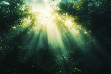A dense tropical jungle at dawn, with towering trees, thick vines, and misty atmosphere, exotic birds flying overhead as sunlight pierces through the canopy, revealing vibrant green foliage