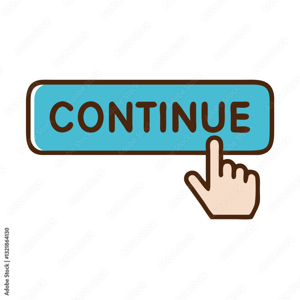 Poster continue button icon with finger pointing, interaction concept