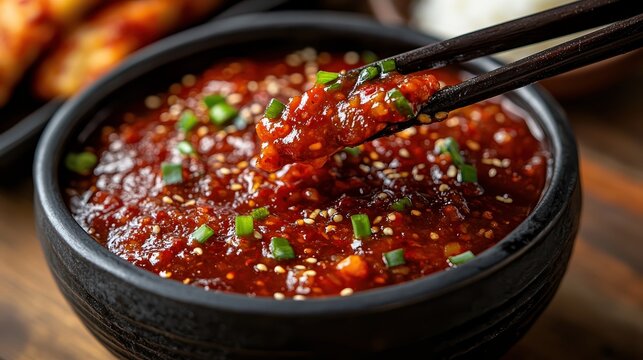  Fiery gochujang sauce in a small black dish, a thick, deep red Korean chili paste with a glossy texture and a spicy-sweet aroma.