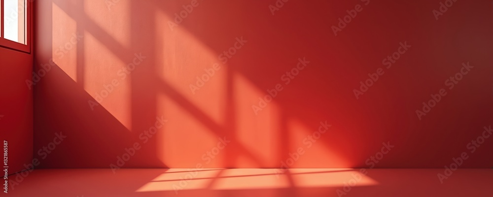 Poster Bright red wall with shadows from window. Clean surface ideal for product placement. Empty space for text. Modern design studio shot of room corner. Luxury backdrop, stylish background for creative