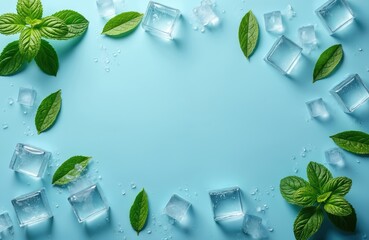 Light blue background with ice cubes, green leaves. Melting ice with frozen water drops, fresh mint composition, refreshing beverage theme, cool drink concept. Summer mojito composition, healthy