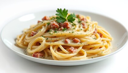 Classic creamy pasta carbonara dish closeup. Savory Italian spaghetti meal served on white plate with bacon, parsley, cheese. Traditional Mediterranean comfort food.
