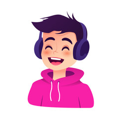Teenage kid in headphones set. Cheerful boy in purple hoodie laughing joyfully listening to music and trendy podcast
