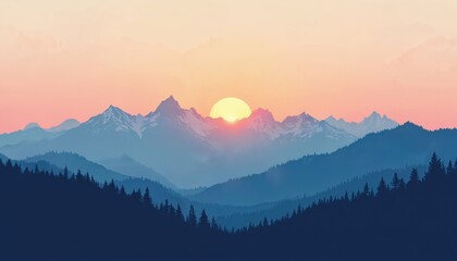 Silhouettes of distant mountains in soft sunrise glow. Flat vintage watercolor landscape, stylized peaks with soft gradient sky, triadic color scheme. Serene scenic nature photo with tranquil