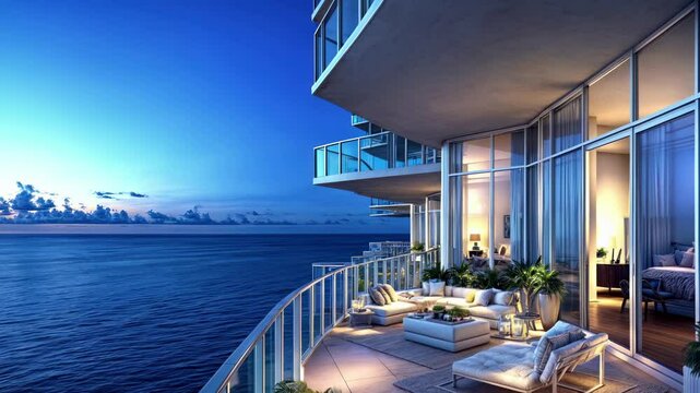 Luxury oceanfront condo with elegant balcony terrace at sunset. Modern highrise apartment with glass facade and contemporary furnishings overlooking peaceful blue waters. Exclusive waterfront