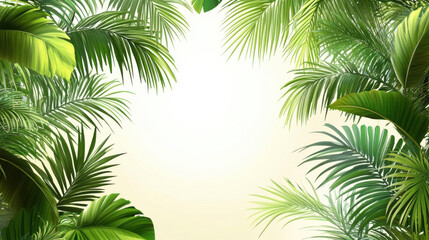 Fototapeta premium Lush tropical palm leaves frame blank background, evoking summer vibes